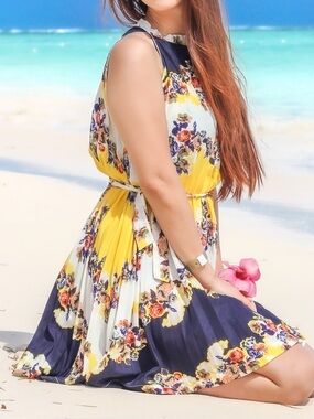 Floral Yellow & Navy Sleeveless Sundress